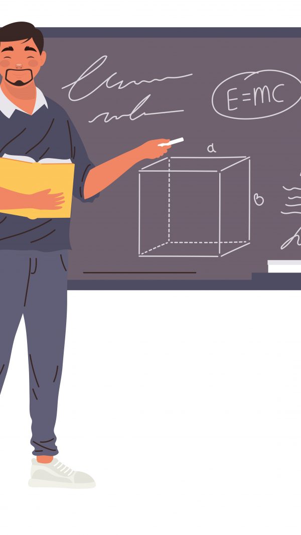male teacher with chalkboard character